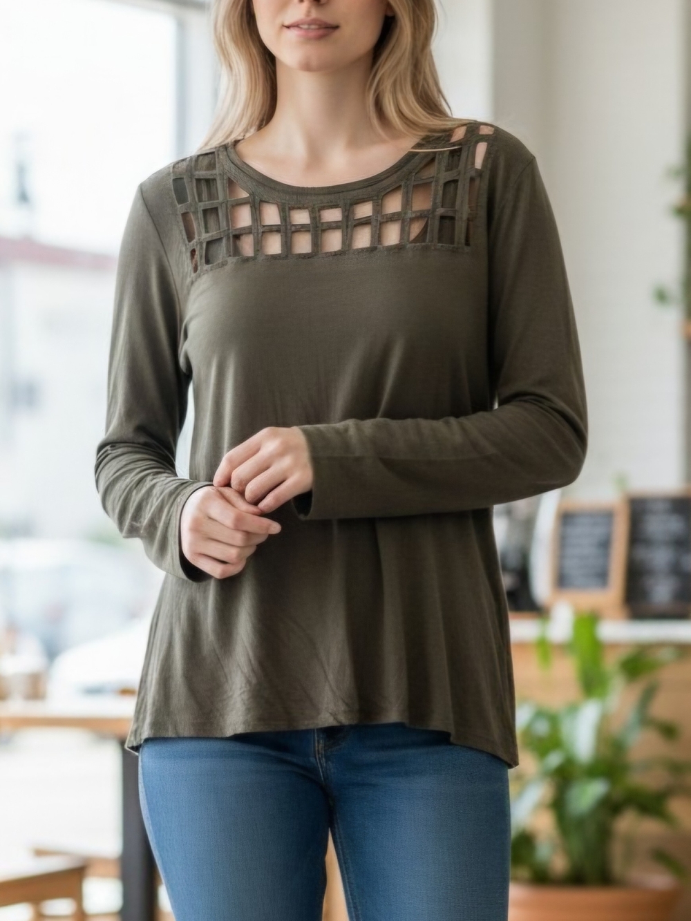 Women’s Olive Cutout Yoke Long Sleeve Top By Heimish